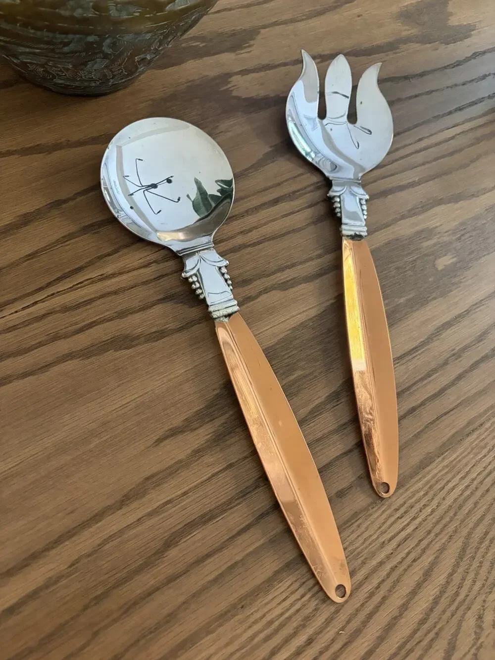 Vintage Midcentury Copper Craft Guild Salad Serving Set Copper and Silver Plate